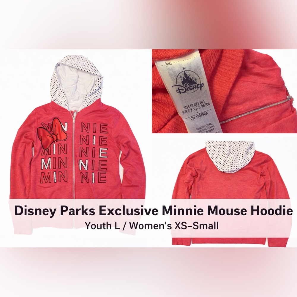 Disney Parks Minnie Mouse Graphic Zip Hoodie Pink Polka Dot Hood Youth‎ L